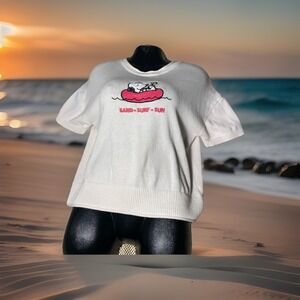 Peanuts Snoopy Sweater Short Sleeve Crew‎ Sand Surf Sun Womens Large Crop